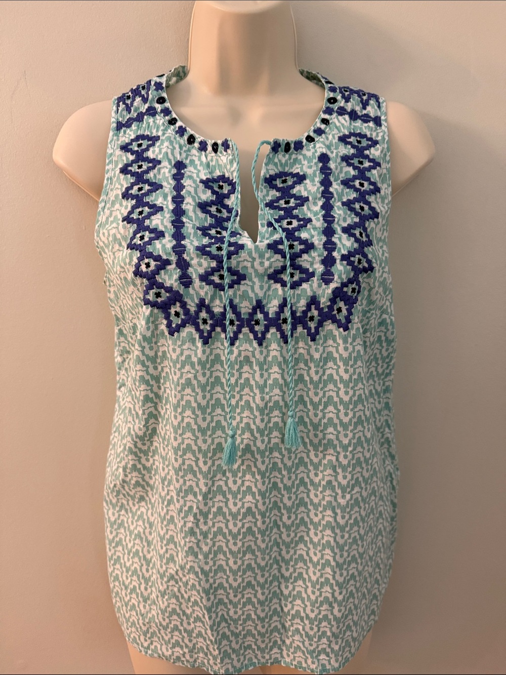 Embroidered Sleeveless Tunic Top - Aqua & Navy